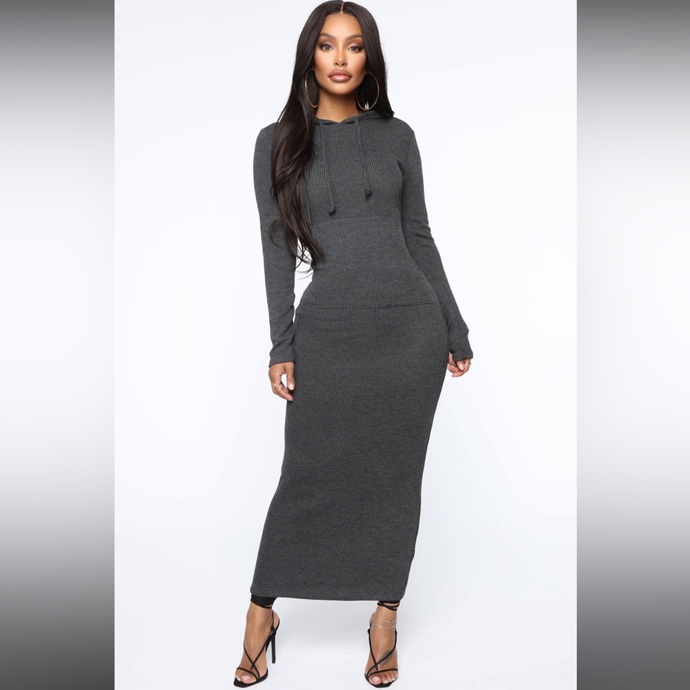 Fashion Nova Taking A Break Hooded Maxi Dress - Charcoal
